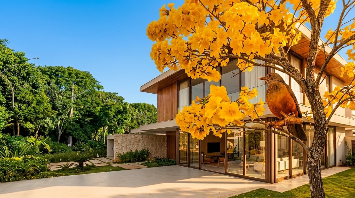 Casa contemporânea com jardim, ipê-amarelo e sabiá-laranjeira
